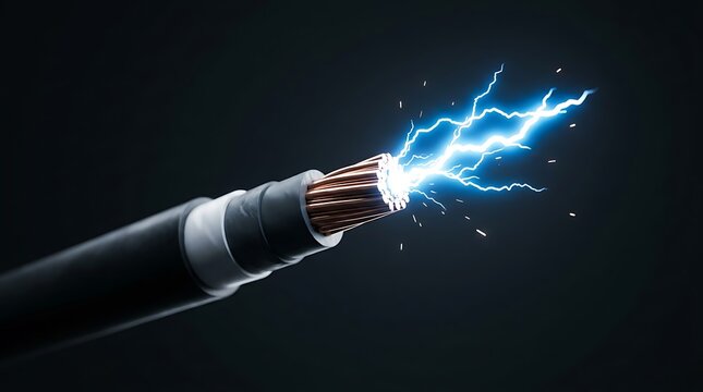Glowing electrical arc discharge from the tip of a thick copper power cable against a dark background, with bright blue, sparks and energy