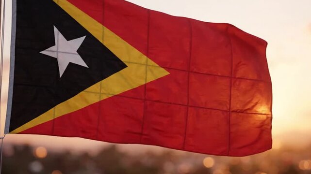 Flag of east timor waving in the wind against a sunset sky