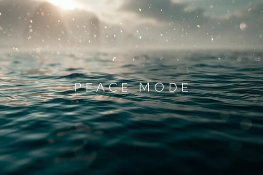 A tranquil lake with gentle ripples, floating light particles, and soft ambient fog, featuring elegant typography reading &ldquo;PEACE MODE&rdquo; in a calming cinematic atmosphere.
