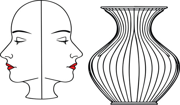 Optical illusion of two faces and a vase, black and white line art vector illustration