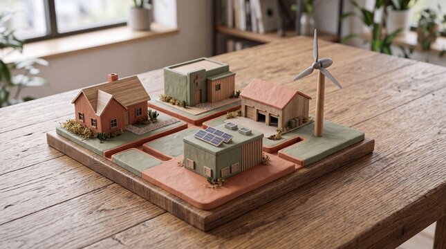 Sustainable community model, miniature eco-friendly town, renewable energy housing development, green living concept with solar panels and wind turbine