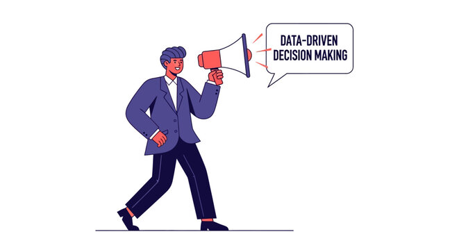 Businessman holding megaphone with data driven decision making text.