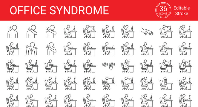 Office syndrome outline icon set showing poor ergonomics desk posture back pain carpal tunnel and sedentary work health hazards
