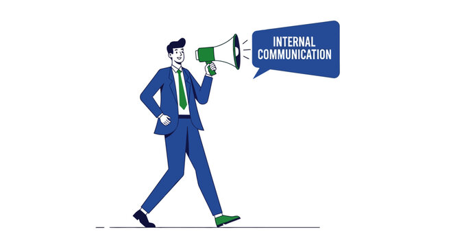 Businessman using megaphone for internal communication.