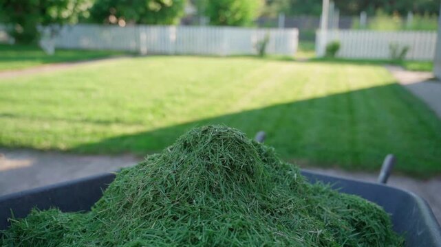 Fresh cut grass clippings in wheelbarrow with mowed lawn in background 