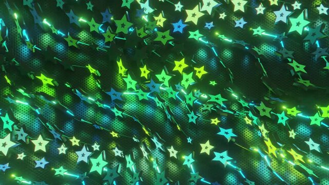 Futuristic abstract wall with glowing geometric stars. Seamless VJ loop of a rhythmic digital structure and pattern, creative motion background for electronic music festivals and stage displays.
