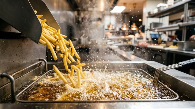 Freshly cut potato strips falling into a commercial deep fryer basket filled with bubbling hot oil in a busy professional restaurant kitchen environment