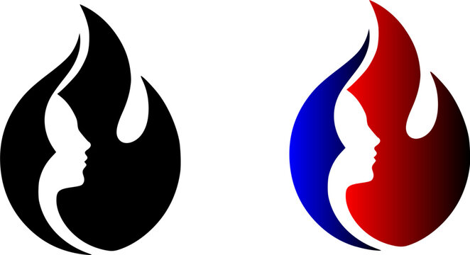 Abstract vector emblem design pack featuring side by side human female face profiles integrated into a blazing fire flame shape in solid black and bold red blue gradient styles isolated on a white 