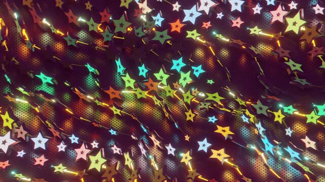 Futuristic abstract wall with glowing geometric stars. Seamless VJ loop of a rhythmic digital structure and pattern, creative motion background for electronic music festivals and stage displays.