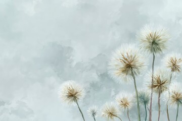 Obraz premium Diagonal Watercolor Dandelion Stems and Leaves Background in Soft Sage Green