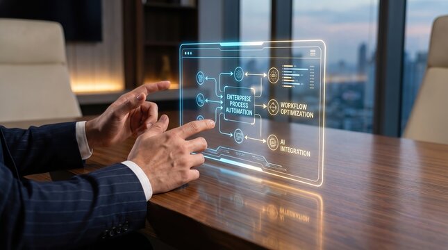 Workflow Process Automation Holographic Interface with Businessman Hands in Luxury Corporate Office, Enterprise Digital Transformation, Process Management, Innovation, and Business Technology Concept