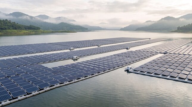 Expansive floating solar farm on a serene lake, renewable energy generation, sustainable power technology, clean electricity production for a green future