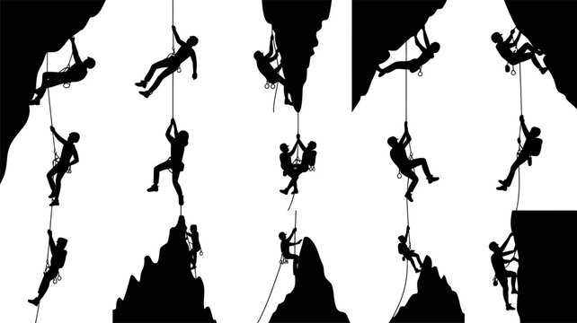 Multiple black silhouettes of climbers scaling rocky mountains and cliffs with ropes and gear