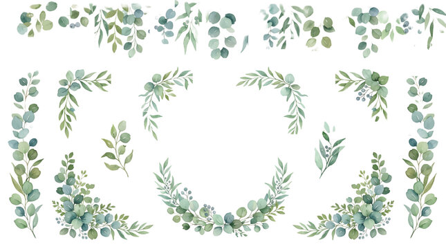 Eucalyptus leaves and greenery borders set. Watercolor green leaves and branches. Clipart for invitations, greeting cards, save the date, stationery design.