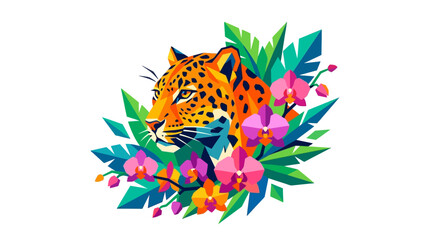 Obraz premium Vibrant illustration of a majestic leopard surrounded by tropical orchids and exotic leaves.