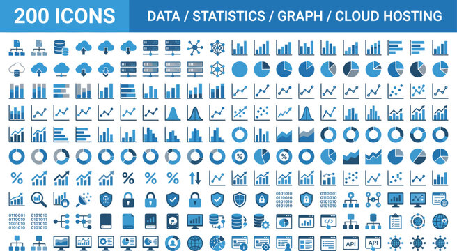200 blue data and cloud hosting icons for statistics and graphs