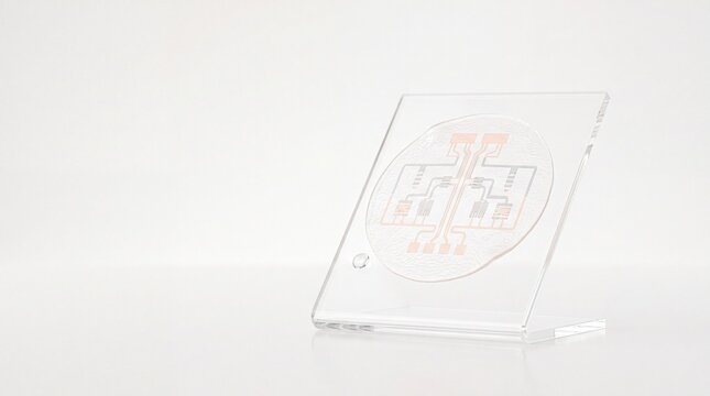 Microfluidic chip on a clear acrylic stand, a lab-on-a-chip device for advanced biotechnology and medical diagnostics. Precision engineering for scientific research and healthcare innovation.