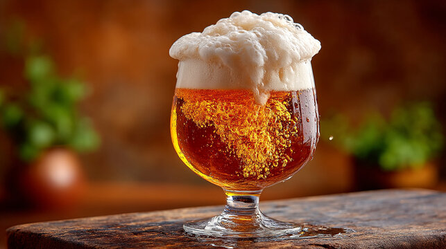 Glass of fresh cold beer with frothy foam head served on a wooden board pub culture pub life
