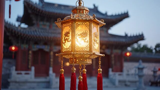A beautifully ornate lantern glowing at twilight in a traditional setting.