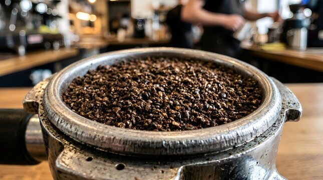 Espresso coffee grounds in portafilter basket, barista preparing drink in background