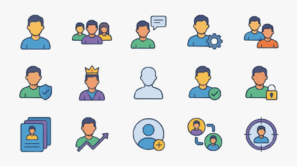 Fototapeta premium Industrial Style Icons Set Featuring Diverse Characters with Unique Attributes and Actions in Flat Design