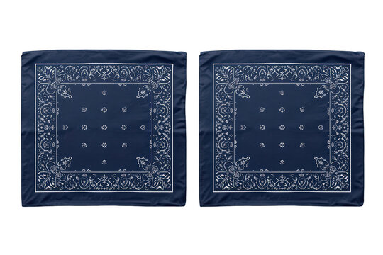 Blue navy paisley bandana set mockup with decorative pattern, casual fashion accessory for display on transparent background