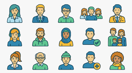 Fototapeta premium Minimalist Colorful Icons of Diverse Professionals and Customer Support Representatives with Headsets