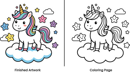 Fototapeta premium Unicorn Illustration With Stars And Clouds A Colorful Vector Artwork On A White Background cartoon clipart drawing graphic design fantasy mythical creature equine horse celestial