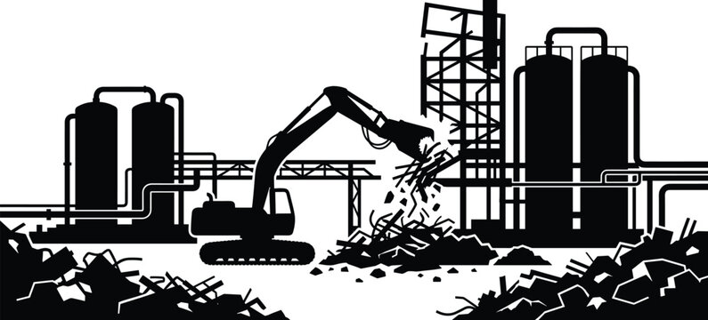 Industrial Demolition Silhouette with Excavator, Factory Tanks, Pipelines, and Construction Debris