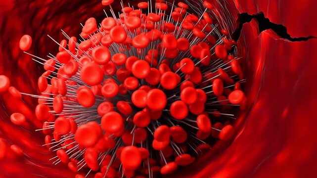 Microscopic Clot Formation: Platelets Assembling at Vascular Break