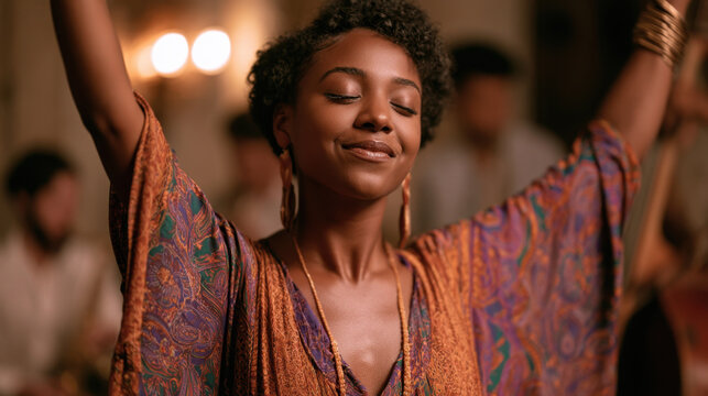 Woman with closed eyes dancing in flowing patterned dress indoors. Jazz Appreciation Month