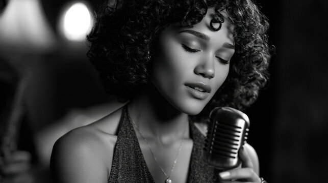 Young woman singing with vintage microphone in dim club. Jazz Appreciation Month