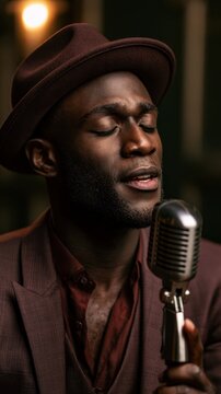 Male singer performing into vintage microphone in dim venue. Jazz Appreciation Month