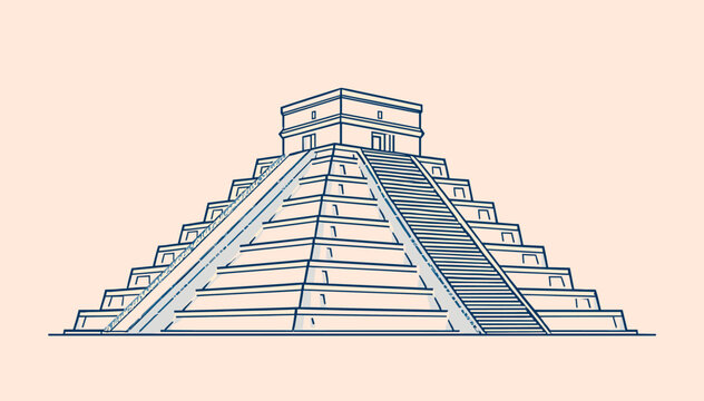 A detailed line art illustration of a stepped pyramid, resembling the ancient Mayan temple of Chichen Itza, with clear architectural details and stairs.