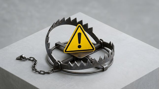 bear trap with bright yellow warning triangle sign with an exclamation mark