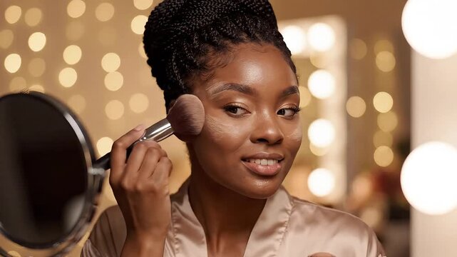 A woman applying makeup in a softly lit, elegant setting.