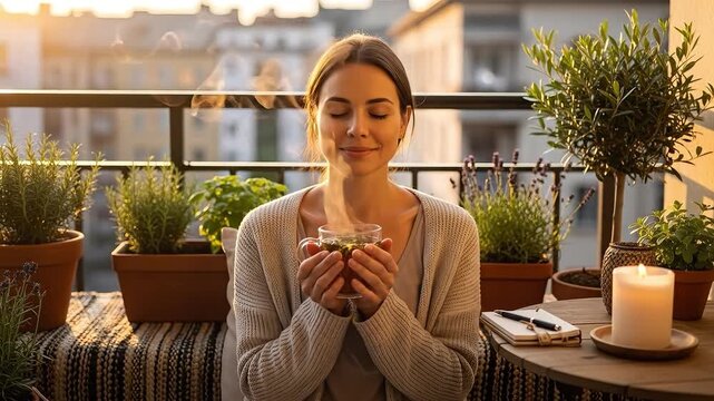A serene woman enjoys a warm drink on a cozy balcony at sunset.