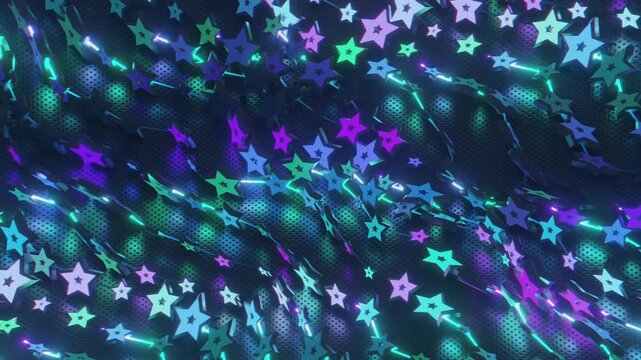 Futuristic abstract wall with glowing geometric stars. Seamless VJ loop of a rhythmic digital structure and pattern, creative motion background for electronic music festivals and stage displays.