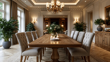 Fototapeta premium Dining room arranged with wooden table in formal interior