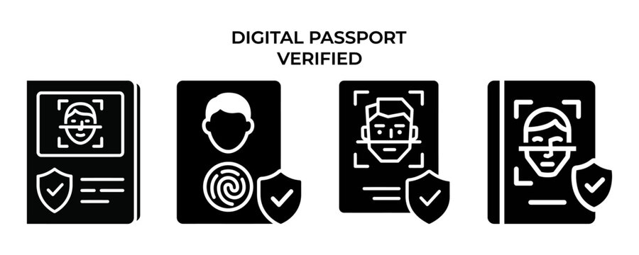 Digital passport biometric face verification identity icons with passport biometric identity verification security document authentication protection fingerprint