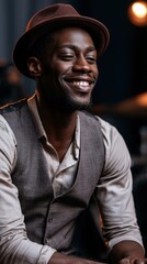 Obraz premium Man smiling and seated in warm indoor studio setting. Jazz Appreciation Month