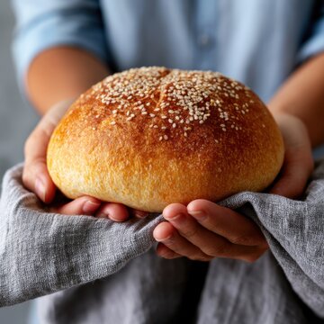 Hands offering sesame loaf on gray linen cloth at counter