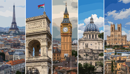 A vibrant collage showcasing a collection of iconic European landmarks, including the Eiffel Tower, Arc de Triomphe, Big Ben, and St. Peter's Basilica, representing popular travel destinations. © Teko