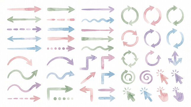 Hand drawn watercolor arrows set, lines, circles, wavy strokes and cursor pointers design elements