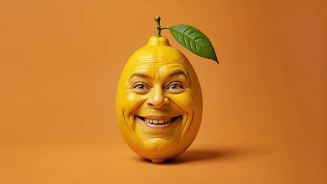 Surreal lemon character with a human face transitioning from a sad expression to a joyful laugh with tongue out, creative 3D character animation