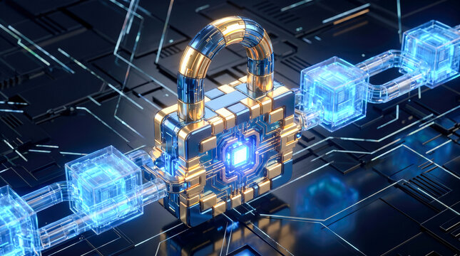 Glowing futuristic digital padlock symbol on blockchain circuit board background representing cyber security data protection internet privacy information encryption network safety technology