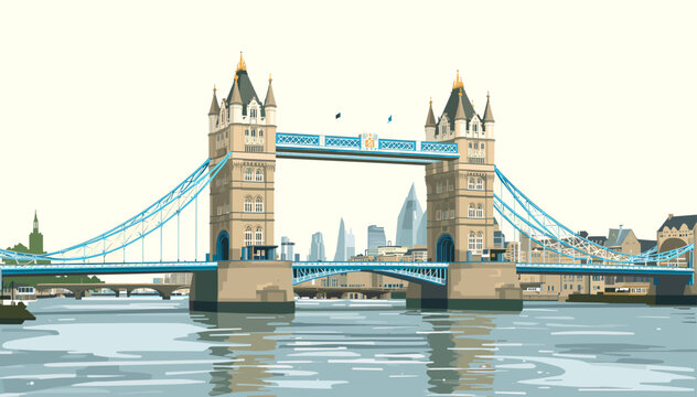Iconic Tower Bridge spanning the River Thames in London with city skyline in background under a bright sky.