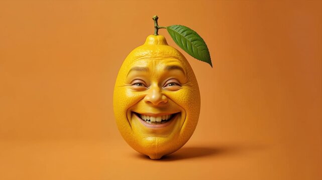 Surreal lemon with a human face transitioning from a sad expression to a joyful laughter, creative character animation