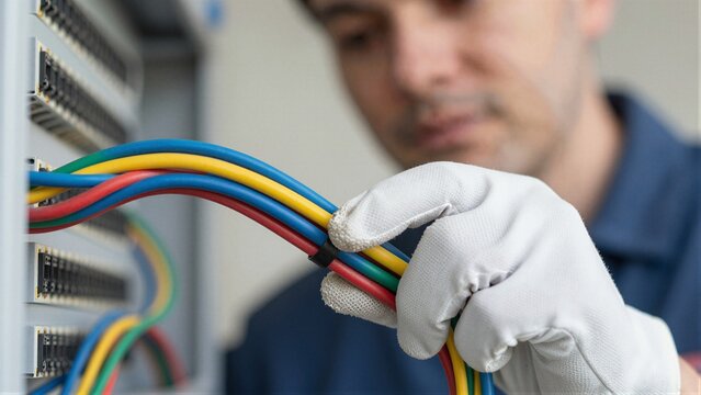 Close-up of an electrician in white gloves holding a bundle of colored network cables, connecting them to a patch panel with soft focus background.
