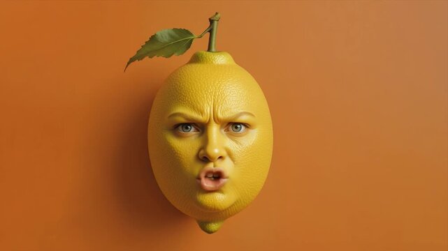 Surreal lemon character with a human face speaking and displaying various angry and annoyed expressions, creative 3D character animation
